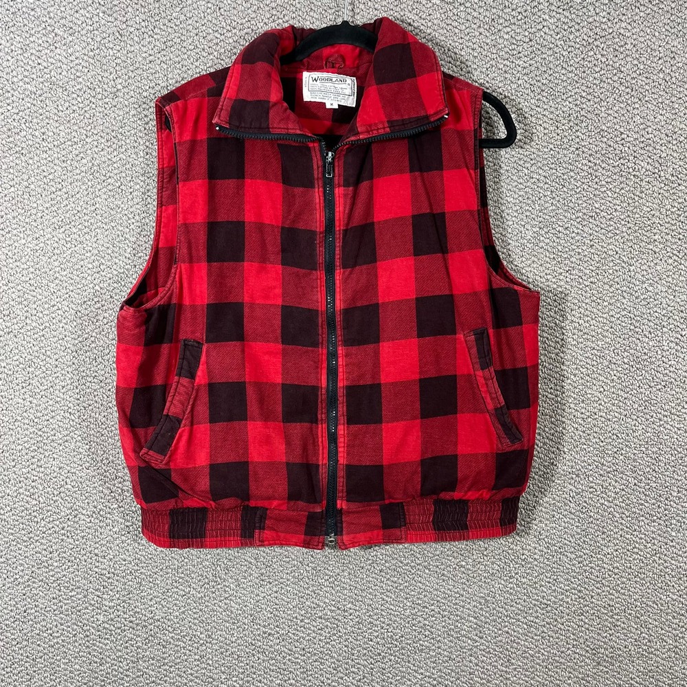 VTG Woodland‎ Vest Jacket Men Medium Red Plaid Lined Sleeveless Full Zip Quilted